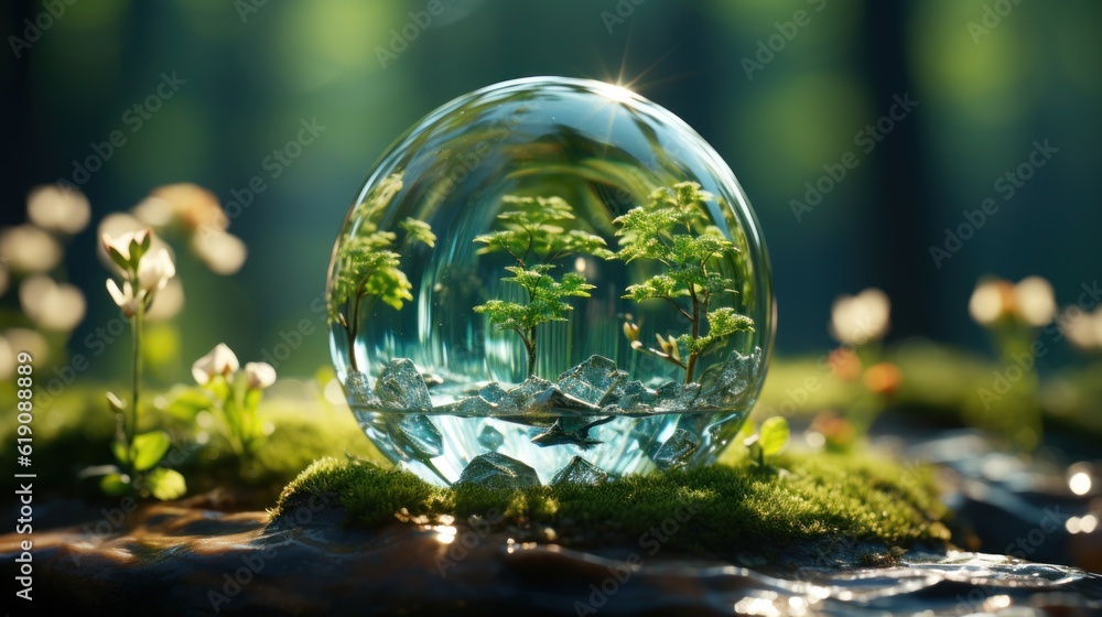 Globe planet glass In a green forest with bokeh nature lights. world environment day. the concep for environment conservation, protect ecology earth and eco-friendly environmental life. Generative Ai. Globe planet glass In a green forest with bokeh nature lights. world environment day. the concep for environment conservation, protect ecology earth and eco-friendly environmental life. Generative Ai.