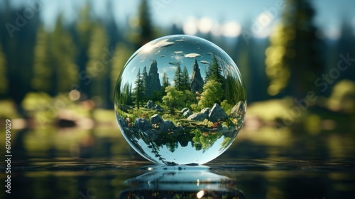 Globe planet glass In a green forest with bokeh nature lights. world environment day. the concep for environment conservation, protect ecology earth and eco-friendly environmental life. Generative Ai.
