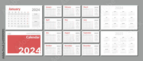 Set of 2024-2025 Calendar Planner Template with Place for Photo and Company Logo. Vector layout of a wall or desk simple calendar with week start Monday. Calendar grid in grey color for print