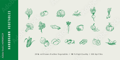 Hand-drawn vegetable outline vector illustrations for brochures, cafe flyers, delivery, and restaurant menu.
