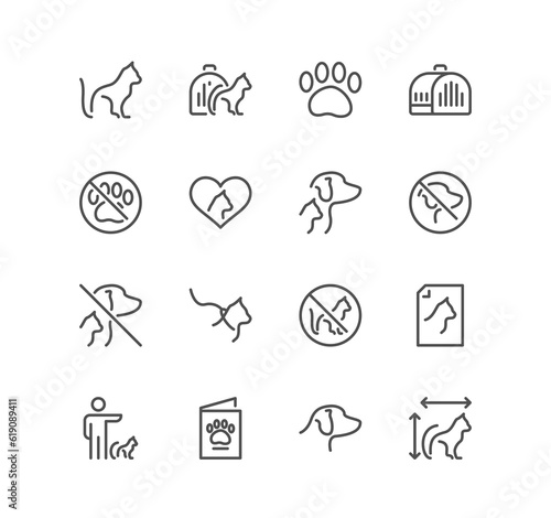 Set of service pet related icons, emotional support cat, pet assistance, restriction sign, pet transportation and linear variety symbols.
