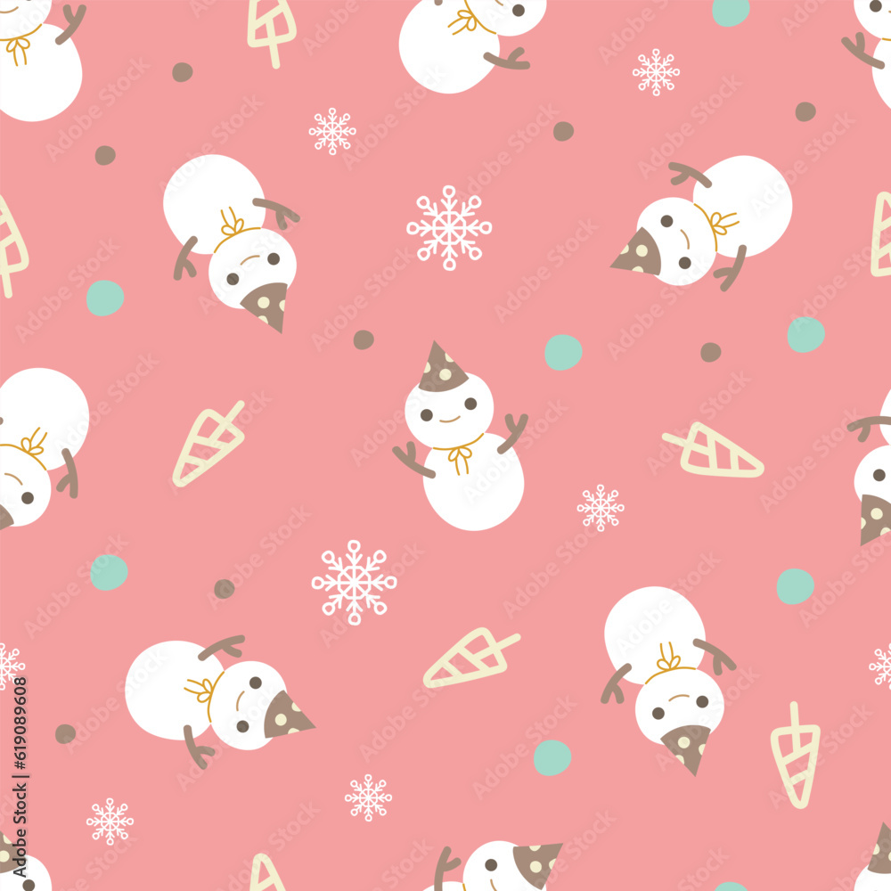 Cute pink Christmas snowman doodle pattern