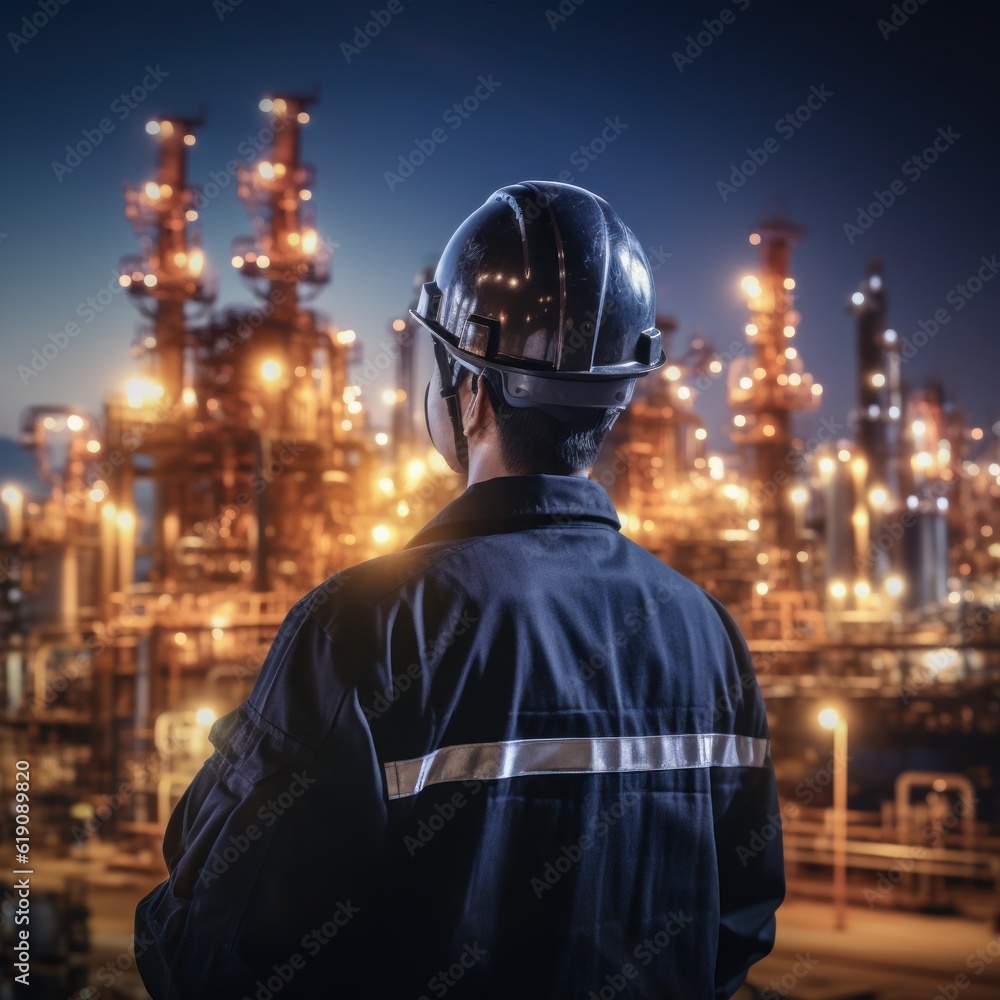 At back of the Workers engineer in Oil and gas industrial, Oil refinery plant from industry, Refinery Oil storage tank and pipe line steel. Non-existent person. Generative Ai At back of the Workers engineer in Oil and gas industrial, Oil refinery plant from industry, Refinery Oil storage tank and pipe line steel. Non-existent person. Generative Ai