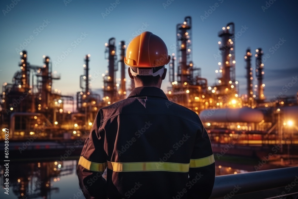 At back of the Workers engineer in Oil and gas industrial, Oil refinery plant from industry, Refinery Oil storage tank and pipe line steel. Non-existent person. Generative Ai At back of the Workers engineer in Oil and gas industrial, Oil refinery plant from industry, Refinery Oil storage tank and pipe line steel. Non-existent person. Generative Ai