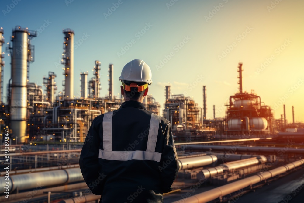 At back of the Workers engineer in Oil and gas industrial, Oil refinery plant from industry, Refinery Oil storage tank and pipe line steel. Non-existent person. Generative Ai At back of the Workers engineer in Oil and gas industrial, Oil refinery plant from industry, Refinery Oil storage tank and pipe line steel. Non-existent person. Generative Ai