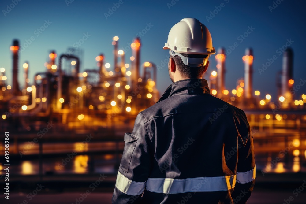 At back of the Workers engineer in Oil and gas industrial, Oil refinery plant from industry, Refinery Oil storage tank and pipe line steel. Non-existent person. Generative Ai At back of the Workers engineer in Oil and gas industrial, Oil refinery plant from industry, Refinery Oil storage tank and pipe line steel. Non-existent person. Generative Ai