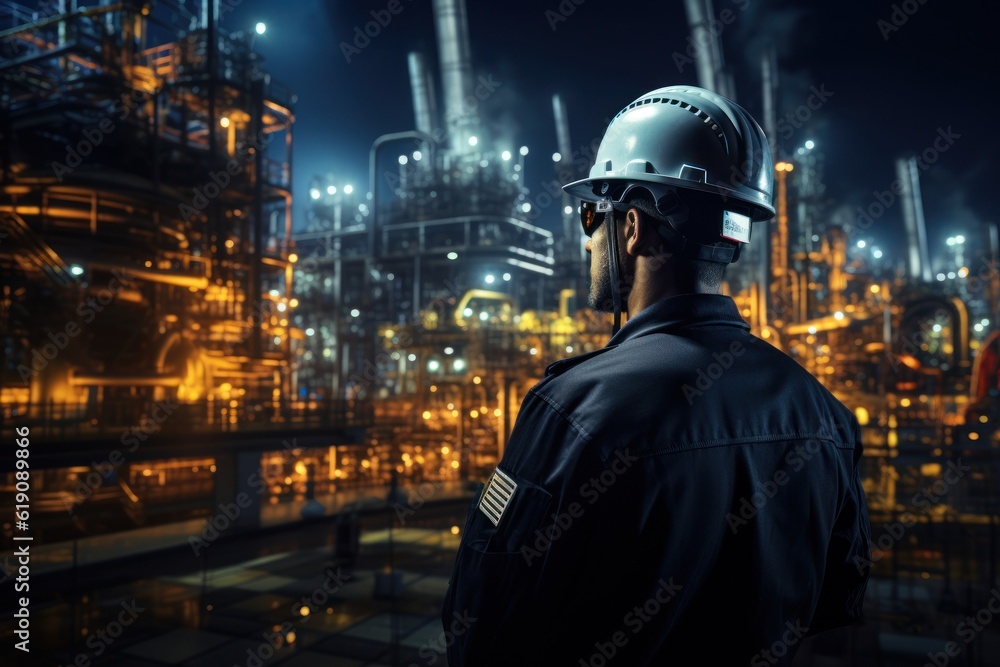 At back of the Workers engineer in Oil and gas industrial, Oil refinery plant from industry, Refinery Oil storage tank and pipe line steel. Non-existent person. Generative Ai At back of the Workers engineer in Oil and gas industrial, Oil refinery plant from industry, Refinery Oil storage tank and pipe line steel. Non-existent person. Generative Ai