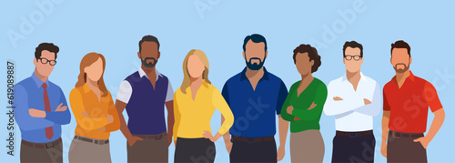 Diversity. Friends. The Team. Diverse group of eight people standing together. Vector flat style illustration.