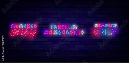 Members only neon sign collection. Premium access. Shiny phrase. Light simple quote. Vector stock illustration