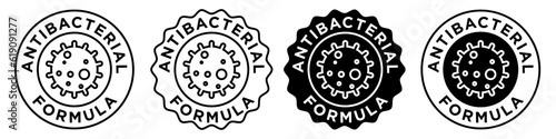 antibacterial formula icon. Vector set of germ free antiseptic sign symbol. Stamp collection of health hygiene safe emblem circle black web ui mark.