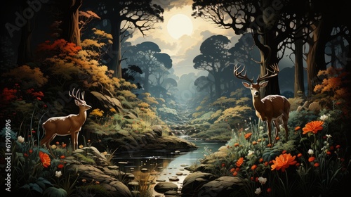A forest landscape with diverse plants and animals