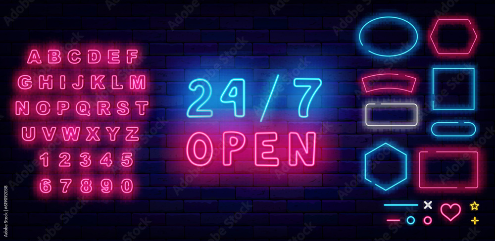 Around the clock neon label. Geometric frames collection. Shiny pink alphabet. Vector stock illustration