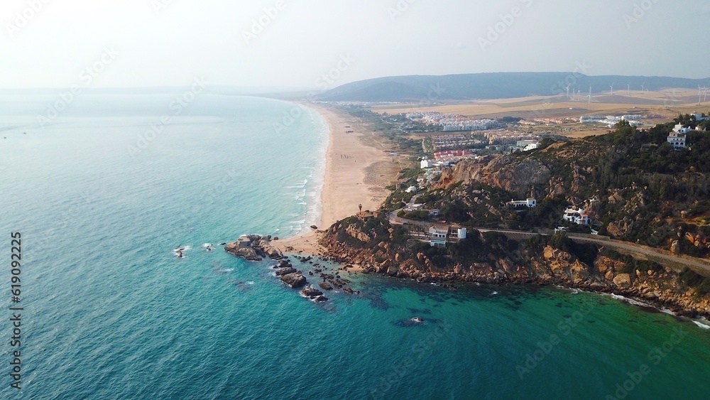 aerial view of the beautiful beach Playa de Atlanterra and Cabo Plata between Atlanterra and Zahara de los Atunes at the Atlantic Ocean, Andalusia, province of Cádiz, Spain