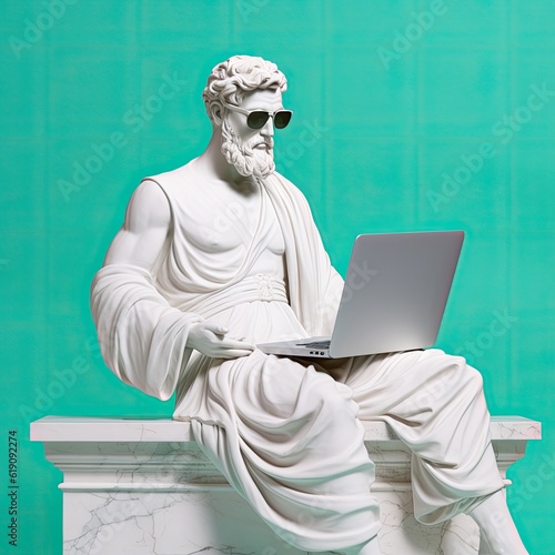 Greek statue smiling wear sunglasses programming on laptop