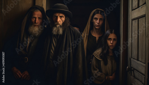 Recreation of a family jewish sephardic in the door of her house during his expulsion from the kingdom of Spain. Illustration AI photo
