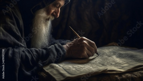 Tenebrist recreation of a sephardic jew writing in a scroll. Illustration AI