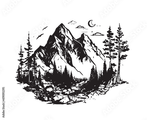 Rocky mountains, hand drawn style, vector illustration.	
