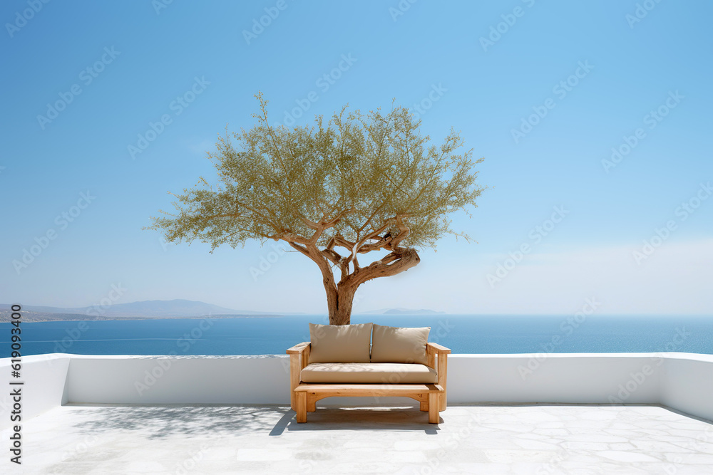 Wooden bench on summer white stone terrace and olive tree. Stunning sea view background, summer vacation concept. Created with generative Ai - obrazy, fototapety, plakaty 