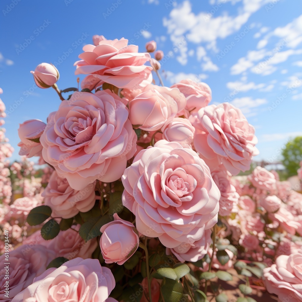 Fototapeta premium Pink pale roses bush over summer garden or park nature background. Roses garden, outdoor. Generative Ai.