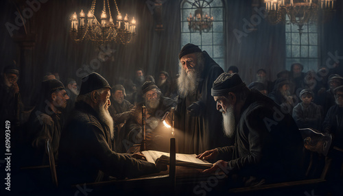 Artistic recreation tenebrist of ancients spanish sephardic jews studying the Torah. Illustration AI