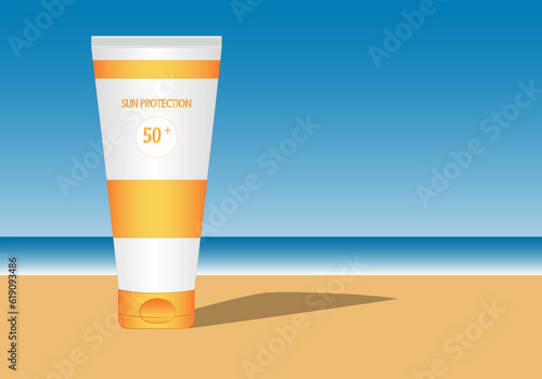 Anuncio de tubo de crema de protección solar. Plantilla para anuncio de crema solar. Dermatología. Cosmético solar
