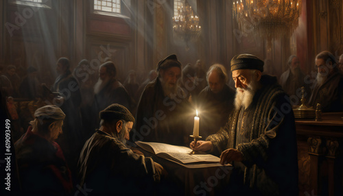 Tenebrist recreation of sephardic jews studying the Torah with a candle inside a temple. Illustration AI photo