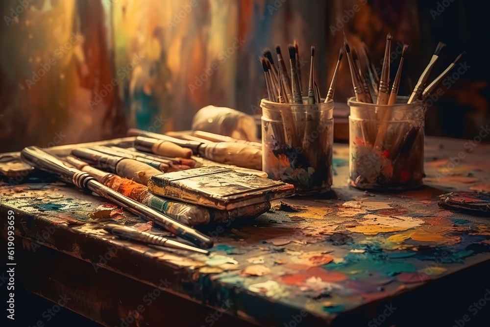 still life with brushes and paints AI generated. still life with brushes and paints AI generated.