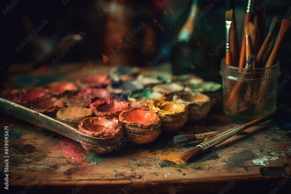 Oil paints & brushes with wooden palette AI generated..
