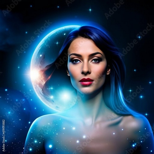 portrait of a beautiful astronomic woman, star clusters and gas clouds shining brightly celestial, otherwordly, abstract, space art, ai generated
