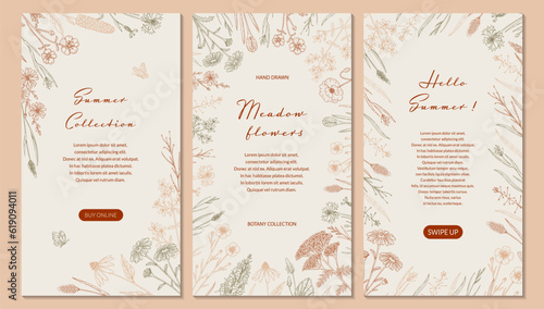 Summer vertical design with wildflowers. Hand drawn vector illustration in sketch style. Social media stories template. Meadow flowers poster. Wedding invitation