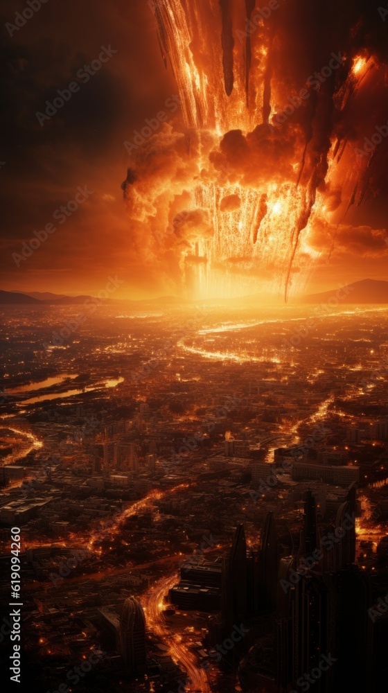 Fototapeta premium Gas Explosion or fires in the city, intensive smoke in the center around the buildings. Generative AI.