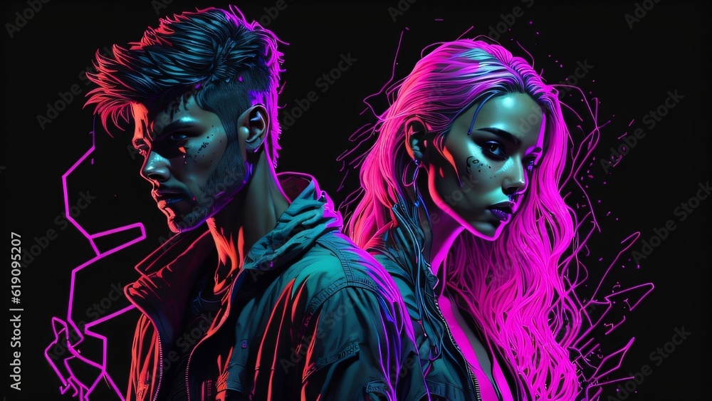 Generative AI neon light dark background couple portrait wallpaper Generative AI neon light dark background couple portrait wallpaper