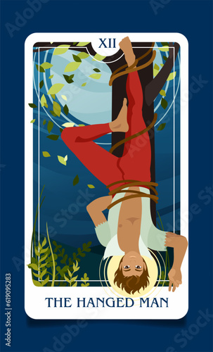 The card of the senior arcana is a the hanged man. Occult esoteric spiritual Tarot. Numerology and fortune telling. Design flat vector illustrations