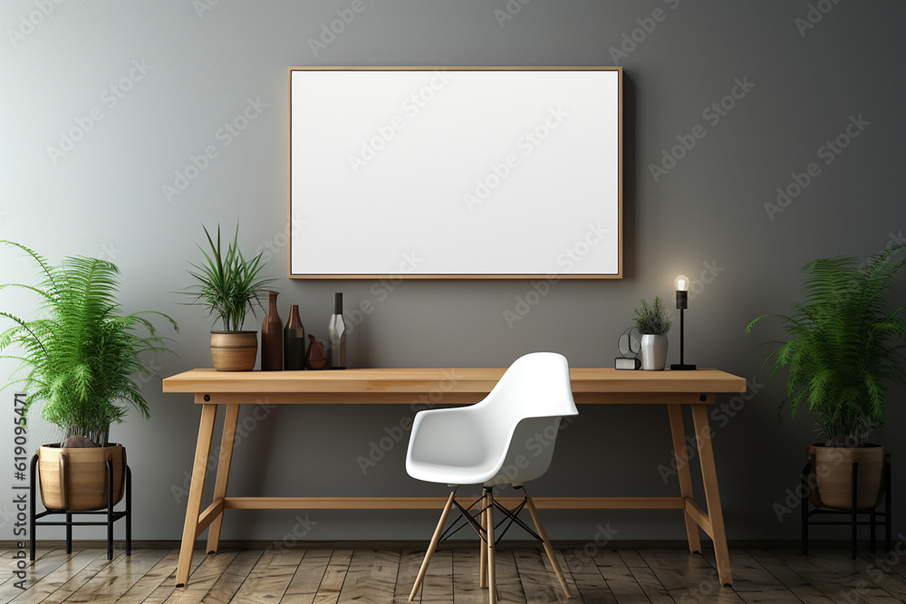 office workspace interior, computer on wooden table scandinavian style design, empty workplace, pc with blank screen, generative AI office workspace interior, computer on wooden table scandinavian style design, empty workplace, pc with blank screen, generative AI