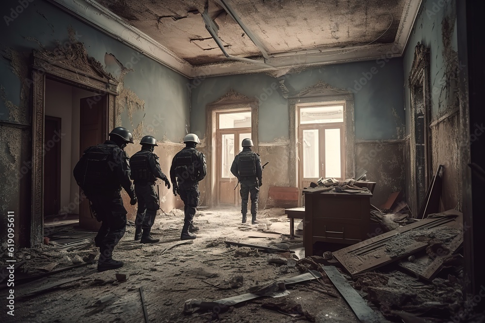 Special force in abandoned house AI generated.