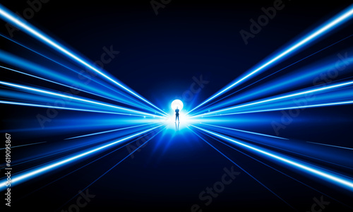 Abstract Businessman stand with arms crossed into the door of success open Light of technology background Hitech communication concept innovation background vector design.