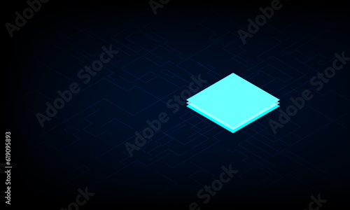 Futuristic microchip processor with lights on the blue background. Quantum computer, concept innovation background, vector design