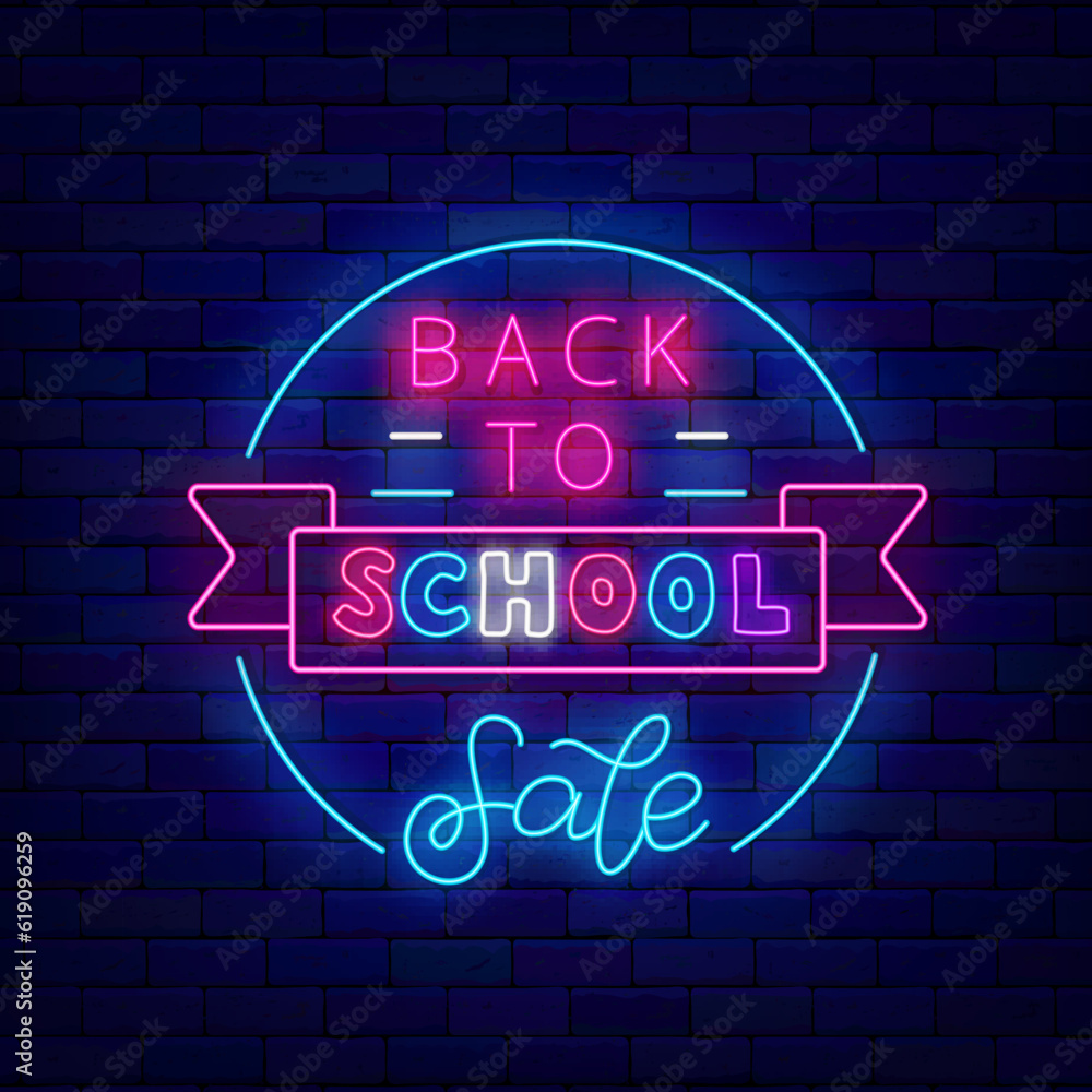 Back to school sale neon signboard. Circle sign with ribbon. Seson shopping promotion. Vector stock illustration