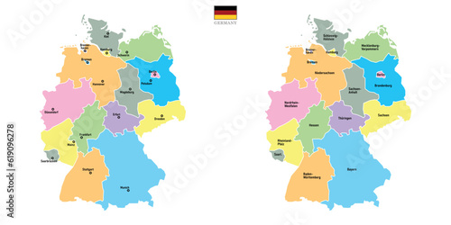 Two Germany maps background with regions, region names and cities in color, flag. Germany map isolated on white background. Vector illustration. Europe
