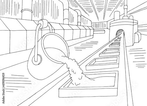 Metallurgy factory interior graphic black white sketch illustration vector