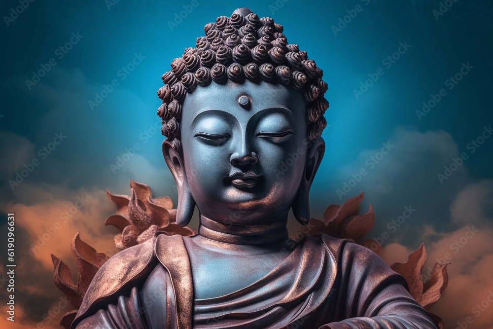 Statue of buddha. A place for meditation. Human chakras. Spiritual power. Generative AI 
​