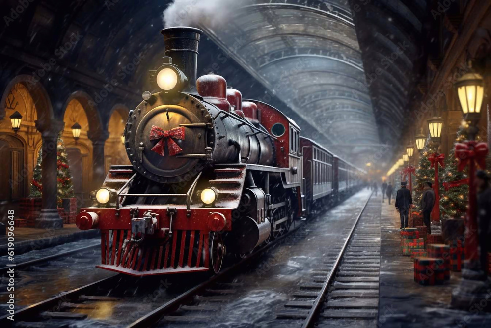 Christmas train. New Year's mood. Magic train. Christmas trip. Generative AI. Christmas train. New Year's mood. Magic train. Christmas trip. Generative AI.