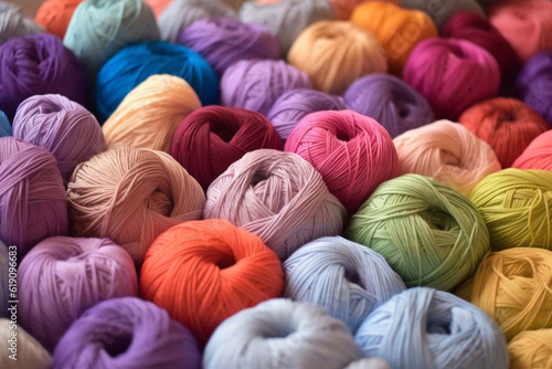 Knitting threads. Factory of knitting threads. Handicraft shop. Generative AI.