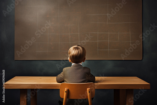 child sitting at the desk in front of the blackboard