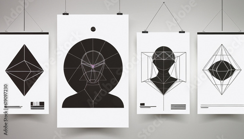 illustrazione Generative Ai con esposizione di stampe e poster in bianco e nero con figure geometriche astratte