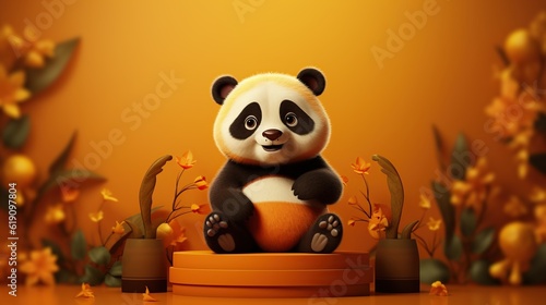 panda on podium with oange background