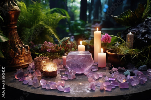 Beautiful esoteric and mystical altar for meditation with crystals and semi-precious stones  Zen Temple. Generative AI.