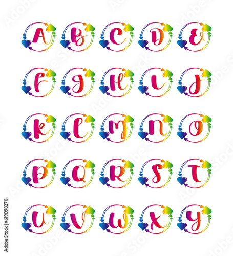 Love heart monogram letter with floral frame alphabet with gradient color.