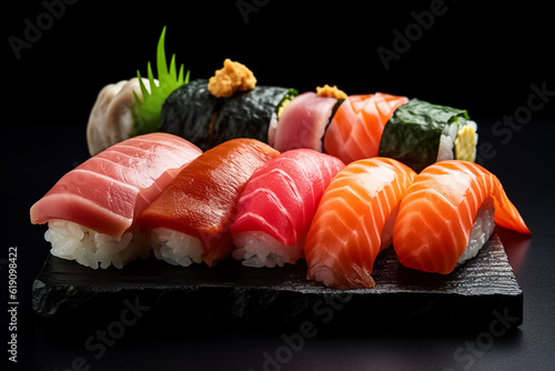 3D Mocking up model of delicious Japanese food with sushi. Assorted sushi big set on wooden plate. A variety of Japanese sushi with tuna, crab, salmon, eel and rolls. Generative AI.