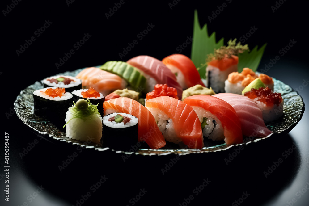 3D Mocking up model of delicious Japanese food with sushi. Assorted sushi big set on wooden plate. A variety of Japanese sushi with tuna, crab, salmon, eel and rolls. Generative AI. 3D Mocking up model of delicious Japanese food with sushi. Assorted sushi big set on wooden plate. A variety of Japanese sushi with tuna, crab, salmon, eel and rolls. Generative AI.